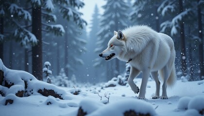  Majestic White Wolf in Snowy Forest Surrounded by Pine Trees