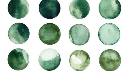 Poster - Twelve watercolor circles in shades of green, perfect for adding a touch of nature to your designs.