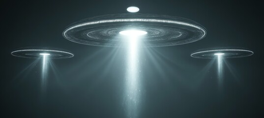 Wall Mural - three alien ufo vehicle with light beam. unidentified flying object. generative ai technology.