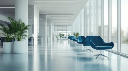 Poster - A modern office waiting area with sleek blue chairs and large windows overlooking a cityscape.
