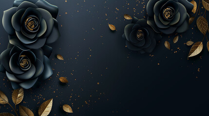 Wall Mural - abstract background with black roses and golden leaves on dark blue background