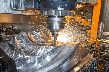 Poster - CNC Machine Cutting a Metal Part with Sparks Flying