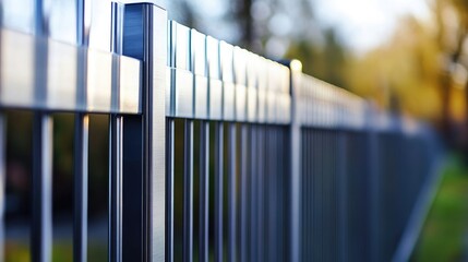 Poster - Close-up of a sleek metal fence with a blurred background of trees. The fence is made of vertical bars with a horizontal top rail, giving it a modern look.