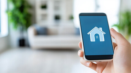 Hand holding a smartphone with a smart home app open, symbolizing home automation and control of household devices.