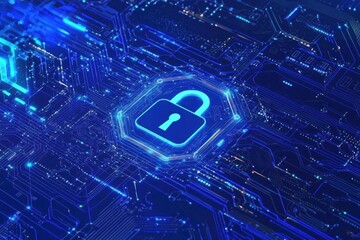 Poster - A glowing blue padlock icon on a circuit board background