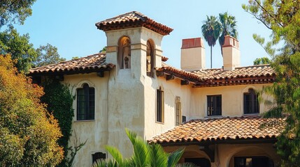 Poster - A beautiful, white stucco home with terracotta tile roofing and a tower with an arched window.