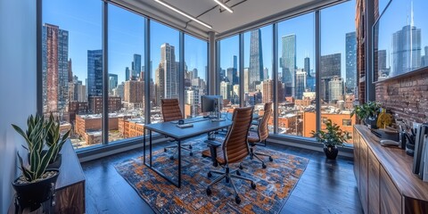 Poster - Modern Office Interior with City Skyline View