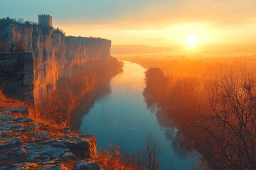 Poster - A Tower on a Cliff Overlooking a River at Sunset