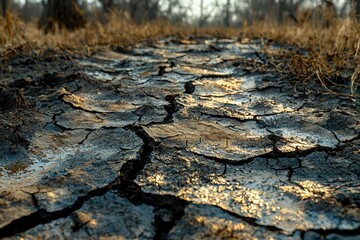 Sticker - Cracked Earth Surface with Water Reflection and Sunlight