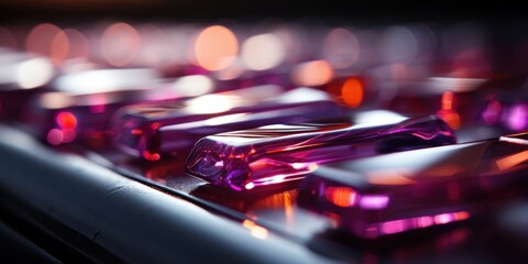 A close-up view of a row of translucent purple objects reflecting a soft, warm glow in a dark setting.