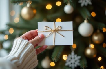 Wall Mural - White holiday card tied with a gold ribbon in hand of a girl in a white sweater. In the background is a Christmas tree