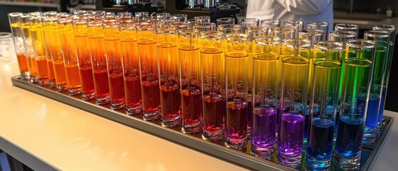 Aufkleber - A Row of Glass Test Tubes Filled with Multicolored Liquids