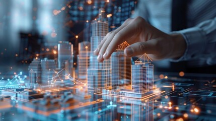 Poster - Architect uses a futuristic interface to design and interact with holographic 3d models of buildings, showcasing the potential of innovative technology in architecture and urban planning