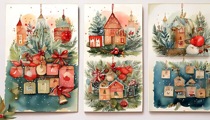 Wall Mural - set adorable christmas cards features beautiful watercolor advent calendar design festive holiday celebrations