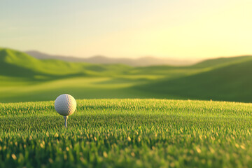 A peaceful golf course with a ball on a tee, surrounded by bright, lush greenery under the soft morning sun, embodying relaxation and leisure.
