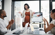 © peopleimages.com - Applause, pregnancy and businesswoman in office with meeting for finance revenue statistics. Presentation, TV screen and pregnant female financial advisor with employees for asset management.