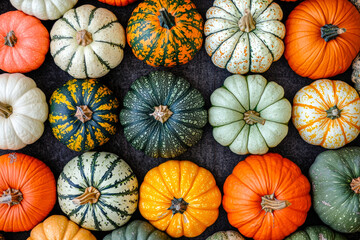 Poster - A collection of pumpkins in various colors and sizes gathered together, highlighting the beauty of autumn and the seasonal harvest