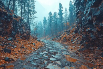 Wall Mural - A Misty Forest Path Leading Through a Rocky Ravine