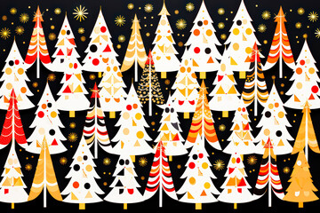 Fototapete - A vibrant display of variously designed Christmas trees against a black background, adorned with colorful ornaments and decorations