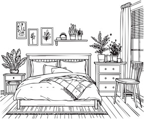 Wall Mural - Linear sketch of an interior. Room plan. Sketch Line bedrooms