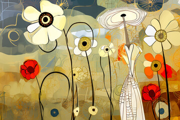 Poster - Abstract illustration of a woman in a white dress surrounded by colorful flowers and swirling patterns in a whimsical landscape