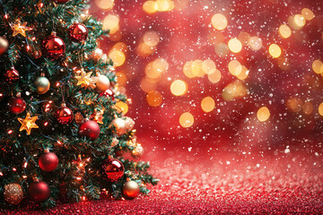 Poster - Decorated Christmas tree with vibrant ornaments and glowing lights, surrounded by shimmering bokeh and snowflakes in a festive atmosphere