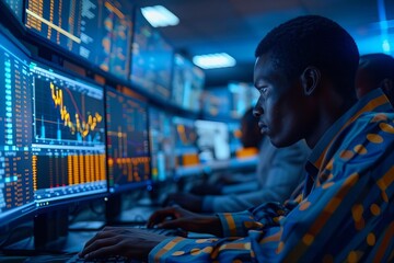 Poster - African Financial Data Analysts Utilizing Performance Dashboards on Office Screens