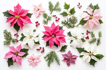 Poster - An elegant display features vibrant pink and white poinsettias alongside fresh greenery and red berries, perfect for holiday decorations