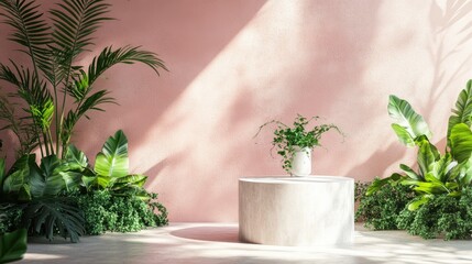 Leinwandbilder - A modern pedestal surrounded by greenery and a blush pink wall, with sunlight streaming in for a serene vibe.