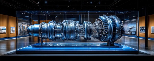 Poster - Jet Engine Displayed in a Glass Case with Blue Lighting