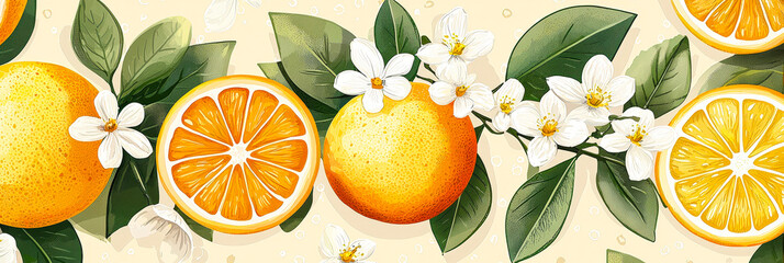 Aufkleber - Slices of oranges and whole fruits are harmoniously placed with white blossoms and green leaves, celebrating fresh flavors of spring