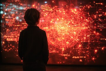 Poster - A Silhouetted Boy Gazes at a Red Abstract Light Display