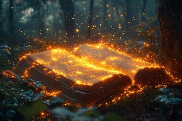 Poster - Glowing Book in a Mystical Forest Setting