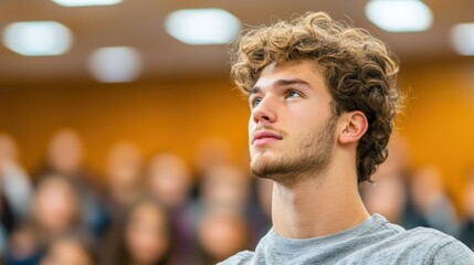 Poster - A student raises their hand confidently in a crowded lecture hall, eager to participate in the discussion and share their thoughts with the professor and classmates.