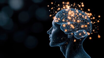 Poster - A transparent human head filled with glowing circuits and electrical pathways, illustrating the intricate network of neurons firing and communicating within the brain.