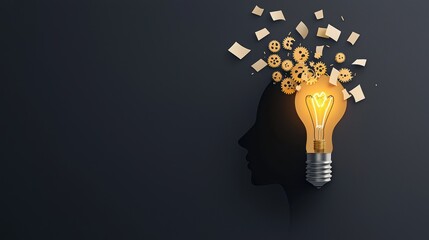 Poster - A human silhouette with a light bulb replacing their head, its filament glowing brightly as gears turn and ideas flow around it, representing the power of innovation and creativity.