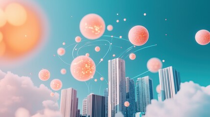 Poster - A city skyline rendered in futuristic detail with streams of data flowing between buildings and glowing orbs representing AI entities, showcasing a future where AI is integrated into every aspect of