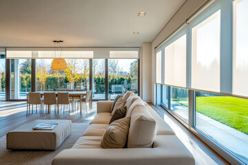 Poster - A spacious living area features a comfortable sofa, dining table, and large windows showcasing a lush garden outside