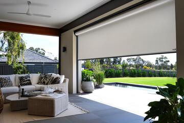 Poster - A stylish outdoor area features comfortable seating and a view of a garden and swimming pool, inviting relaxation in the sun