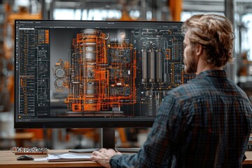 Poster - A Man Studying A Complex Industrial Design On A Computer Monitor