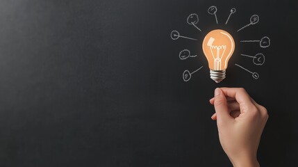 Poster - A hand drawing a light bulb on a chalkboard, with lines connecting it to other concepts like innovation, creativity, and solutions.