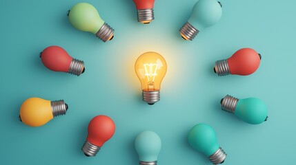 Poster - A group of colorful light bulbs arranged in a circle, with one glowing brighter than the others, symbolizing a standout idea or a breakthrough moment.