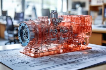Poster - Transparent Red Engine Model on Technical Drawings