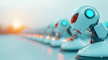 Poster - A row of industrial robots working in sync on a production line, welding, assembling, and painting components with perfect coordination.