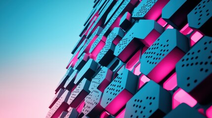 Poster - A close up shot of a building facade with intricate patterns and glowing elements, showcasing the use of cutting edge materials and technologies in architectural design.