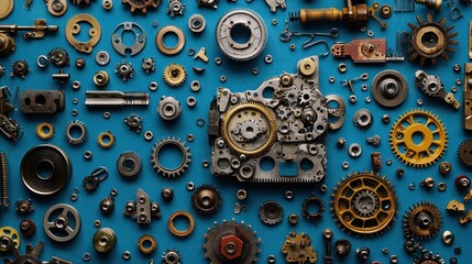 Poster - Assortment of Metal Gears and Mechanical Parts on Blue Background