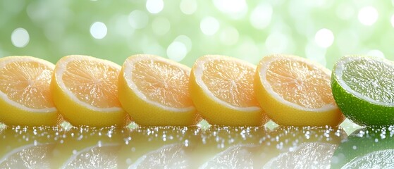 Wall Mural - A vibrant arrangement of fresh lemon slices on a reflective surface, capturing the juicy texture and bright yellow hue against a soft green bokeh background.