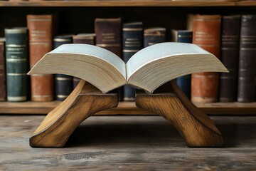 Poster - Open Book on Wooden Bookends with a Blurred Bookcase Background