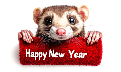 Cute ferret holding a sign wishing Happy New Year, isolated on white background