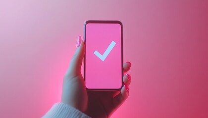 Aufkleber - Detailed image showcasing a hand with a smartphone displaying a checkmark icon, emphasizing success and approval in an engaging and modern design